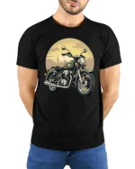 Vintage Classic Motorcycle Rider Retro Biker Graphic T Shirt - model wearing black tee with hands behind back
