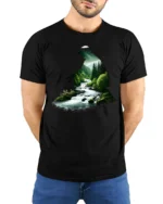 Nature Fishing River Landscape Silhouette Angler Graphic T Shirt - model wearing black tee with hands behind back