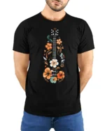 Floral Guitar Music Lover Vintage Folk Art Graphic T Shirt - model wearing black tee with hands behind back