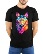 Colorful Geometric Cat Pop Art Graphic T Shirt Vibrant Style - model wearing black tee with hands behind back