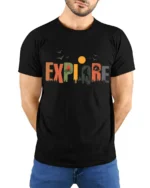 Explore Nature Adventure Hiking Camping Graphic T Shirt - model wearing black tee with hands behind back