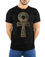 Ancient Egyptian Ankh Symbol Hieroglyphic Art Graphic T Shirt - model wearing black tee with hands behind back