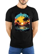 Retro Tropical Sunset Beach Palm Trees Ocean Waves Graphic T Shirt - model wearing black tee with hands behind back