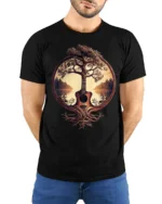 Acoustic Guitar Tree Of Life Nature Music Art Graphic T Shirt - model wearing black tee with hands behind back