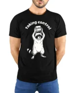 Taking Control Funny Raccoon Keyboard Ctrl Tech Humor T Shirt - model wearing black tee with hands behind back
