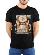 Time For New Adventure Hiking Backpack Camping Graphic T Shirt - model wearing black tee with hands behind back