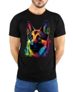 Colorful German Shepherd Pop Art Dog Lover Graphic T Shirt - model wearing black tee with hands behind back