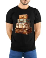 Vintage Travel Suitcase Stack Adventure Wanderlust Graphic T Shirt - model wearing black tee with hands behind back