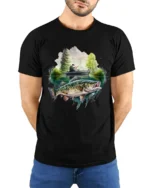 Bass Fishing Adventure Lake Angler Graphic T Shirt - model wearing black tee with hands behind back