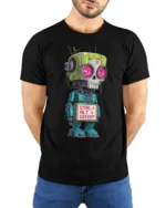 Funny Ctrl Alt Defeat Robot Nerd Humor Graphic T Shirt - model wearing black tee with hands behind back