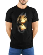 Feather Lake Sunset Nature Landscape Artistic Graphic T Shirt - model wearing black tee with hands behind back