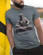 Classical DJ Statue Music Producer Greek Art Graphic T Shirt - model wearing grey tee, leaning on column