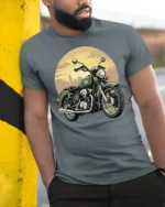 Vintage Classic Motorcycle Rider Retro Biker Graphic T Shirt - model wearing grey tee, leaning on column