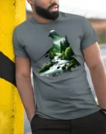 Nature Fishing River Landscape Silhouette Angler Graphic T Shirt - model wearing grey tee, leaning on column