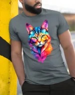 Colorful Geometric Cat Pop Art Graphic T Shirt Vibrant Style - model wearing grey tee, leaning on column