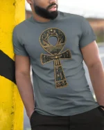 Ancient Egyptian Ankh Symbol Hieroglyphic Art Graphic T Shirt - model wearing grey tee, leaning on column