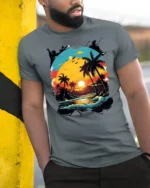 Retro Tropical Sunset Beach Palm Trees Ocean Waves Graphic T Shirt - model wearing grey tee, leaning on column