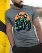 Vintage Classic Motorcycle Rider Retro Biker Style Graphic T Shirt - model wearing grey tee, leaning on column