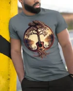 Acoustic Guitar Tree Of Life Nature Music Art Graphic T Shirt - model wearing grey tee, leaning on column