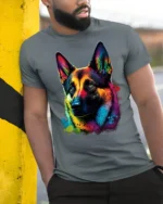 Colorful German Shepherd Pop Art Dog Lover Graphic T Shirt - model wearing grey tee, leaning on column