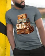 Vintage Travel Suitcase Stack Adventure Wanderlust Graphic T Shirt - model wearing grey tee, leaning on column