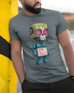 Funny Ctrl Alt Defeat Robot Nerd Humor Graphic T Shirt - model wearing grey tee, leaning on column