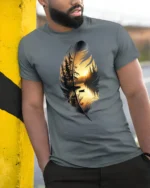 Feather Lake Sunset Nature Landscape Artistic Graphic T Shirt - model wearing grey tee, leaning on column