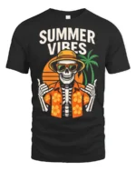 Summer Vibes Skeleton T Shirt Funny Tropical Skull Beach Graphic - black t-shirt on white background