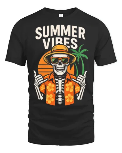 Summer Vibes Skeleton T Shirt Funny Tropical Skull Beach Graphic - black t-shirt on white background