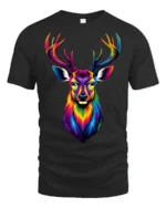 Colorful Rainbow Deer Head T Shirt Vibrant Stag Art Graphic Design - black t-shirt on white background