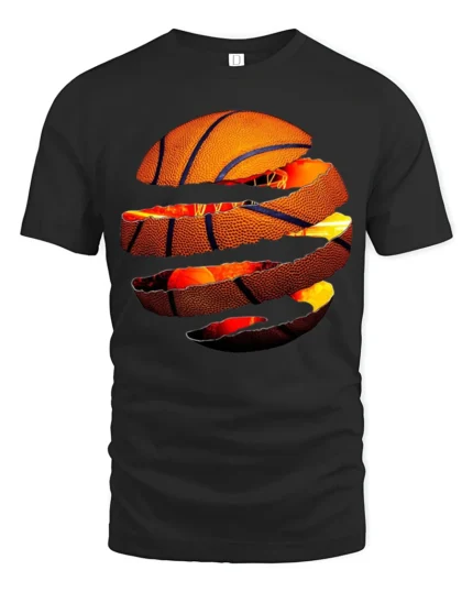 Torn Basketball Explosion T Shirt Fiery Slam Dunk Sports Graphic - black t-shirt on white background