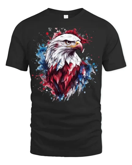 Patriotic Bald Eagle T Shirt American Flag Splash Art Graphic - black t-shirt on white background