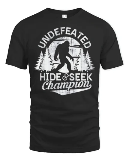 Undefeated Hide And Seek Champion Bigfoot Funny Sasquatch T Shirt - black t-shirt on white background