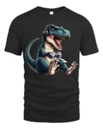 Funny Gamer T Rex Dinosaur T Shirt Gaming Headset Controller Graphic - black t-shirt on white background
