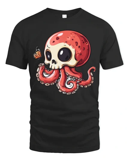 Cute Skull Octopus T Shirt Whimsical Ocean Creature Cartoon Graphic - black t-shirt on white background