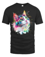 Colorful Artistic Cat Face T Shirt Vibrant Paint Splash Kitty Graphic - black t-shirt on white background