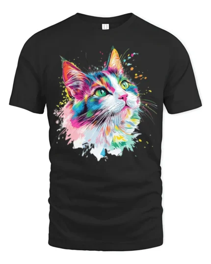 Colorful Artistic Cat Face T Shirt Vibrant Paint Splash Kitty Graphic - black t-shirt on white background