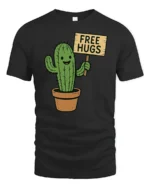 Funny Cactus Free Hugs T Shirt Cute Prickly Plant Humor Graphic - black t-shirt on white background