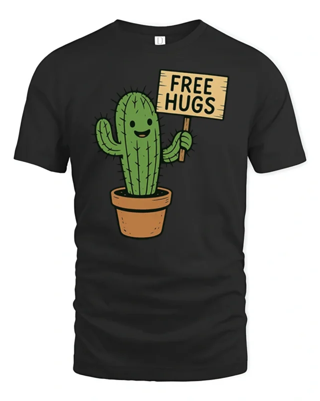 Funny Cactus Free Hugs T Shirt Cute Prickly Plant Humor Graphic - black t-shirt on white background