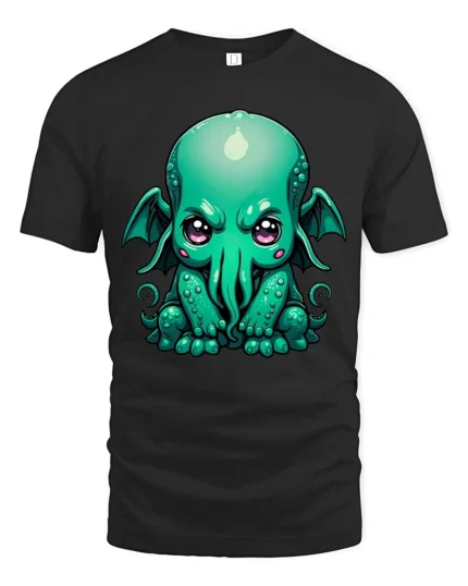 Cute Cthulhu Monster T Shirt Adorable Lovecraft Inspired Cartoon Graphic - black t-shirt on white background