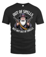 Out Of Spells But Not Out Of Shells Funny Wizard Gun Meme T Shirt - black t-shirt on white background