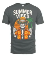Summer Vibes Skeleton T Shirt Funny Tropical Skull Beach Graphic - gray t-shirt on white background