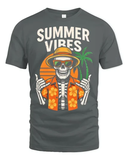 Summer Vibes Skeleton T Shirt Funny Tropical Skull Beach Graphic - gray t-shirt on white background