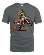 Funny T Rex Dirt Bike Rider T Shirt Cool Motocross Dinosaur Graphic - gray t-shirt on white background