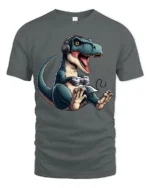 Funny Gamer T Rex Dinosaur T Shirt Gaming Headset Controller Graphic - gray t-shirt on white background