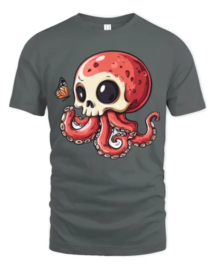 Cute Skull Octopus T Shirt Whimsical Ocean Creature Cartoon Graphic - gray t-shirt on white background