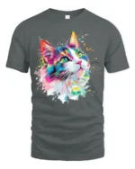Colorful Artistic Cat Face T Shirt Vibrant Paint Splash Kitty Graphic - gray t-shirt on white background