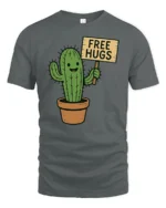 Funny Cactus Free Hugs T Shirt Cute Prickly Plant Humor Graphic - gray t-shirt on white background