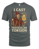 Funny I Cast Testicular Torsion T Shirt Wizard Dark Humor Meme Graphic - gray t-shirt on white background