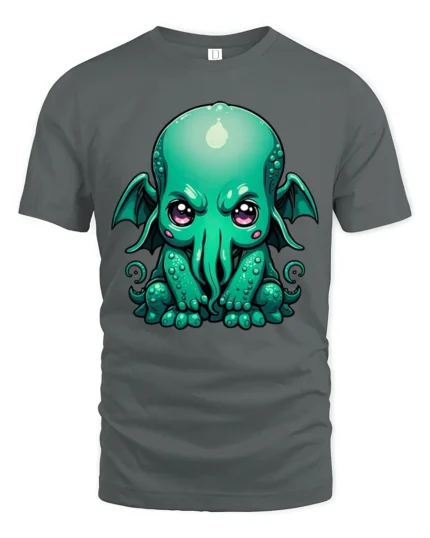 Cute Cthulhu Monster T Shirt Adorable Lovecraft Inspired Cartoon Graphic - gray t-shirt on white background